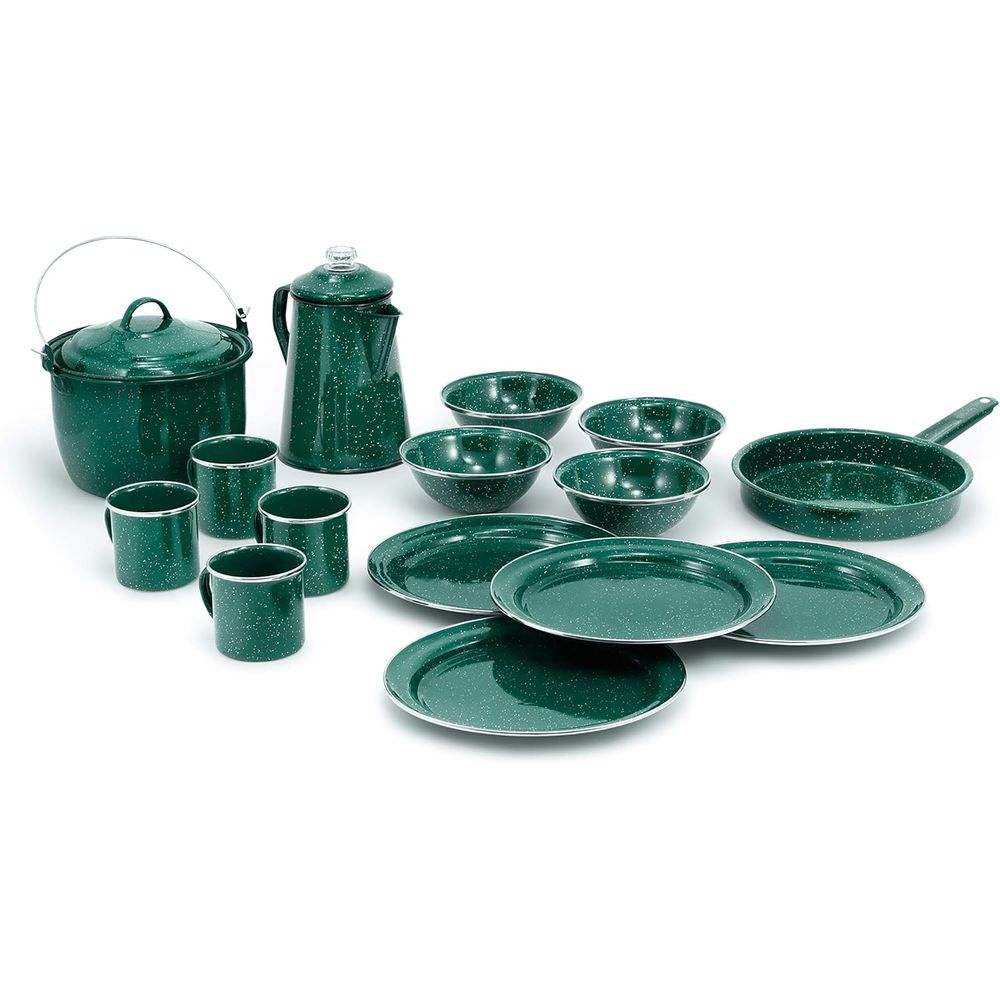 Camp Percolator Coffee - 4-Person Camping Dinnerware Set with Enamel
