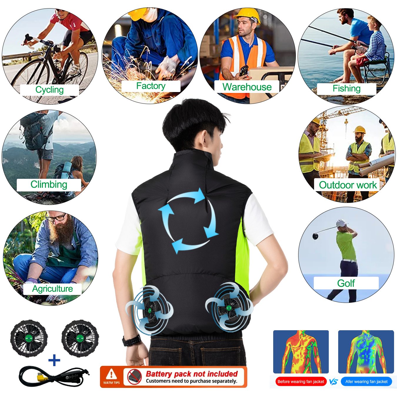 12V 5V USB Cooling Fan Vest Me - Outdoor Camping Air Conditioner recensione e prezzo